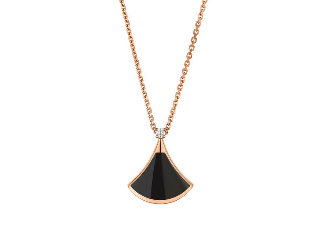 Fan-Motif Necklace, Rose Gold Tone, Stone-Set, Onyx