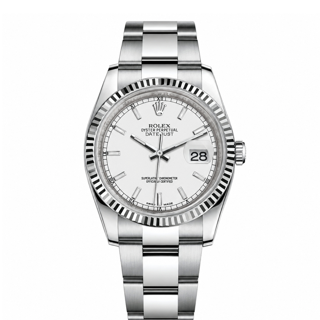 Classic Date Watch, White Gold Tone, Steel, White, 36 mm