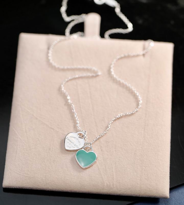Double Heart Tag Pendant Necklace, Blue, Silver Tone