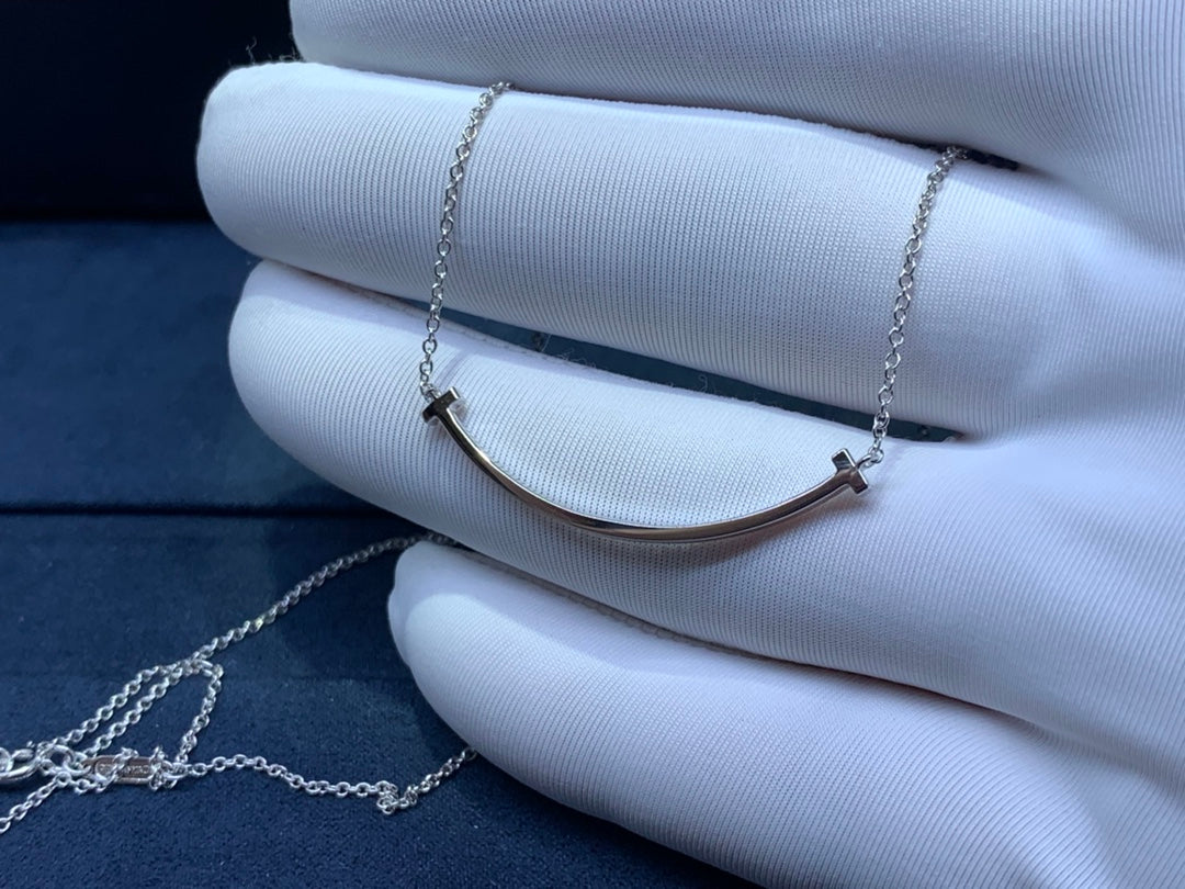 Smile Bar Pendant Necklace, White Gold Tone