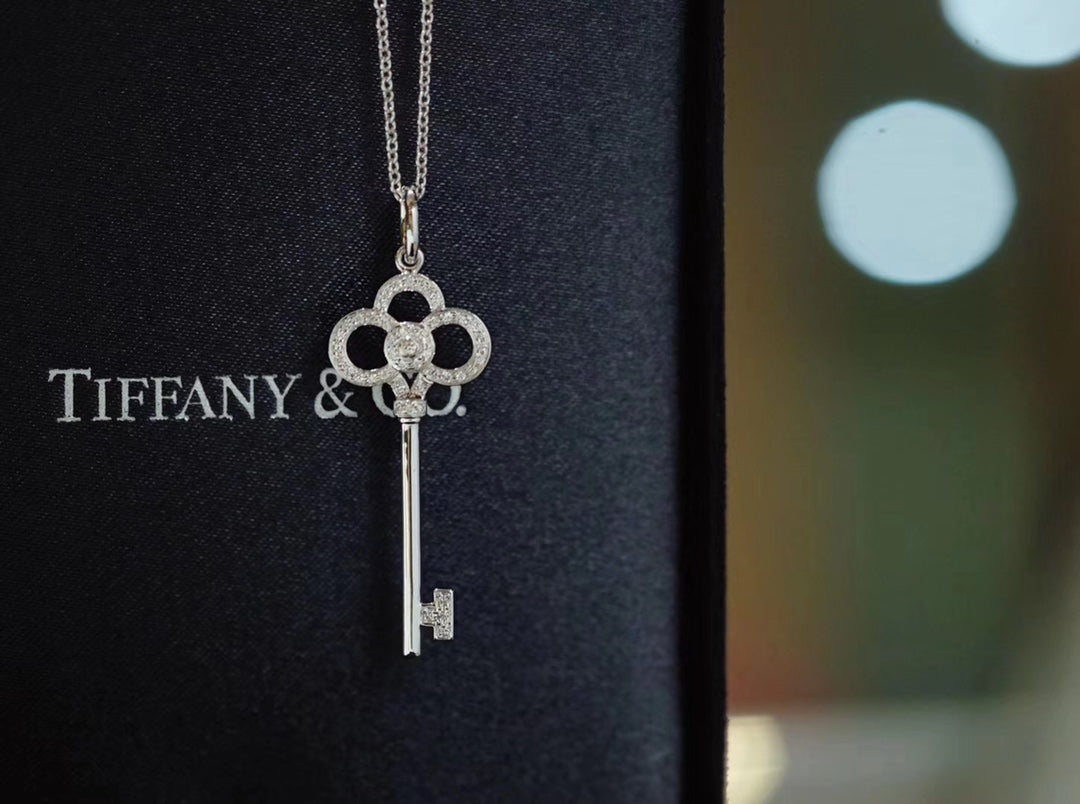 Key Pendant Necklace, White Gold Tone