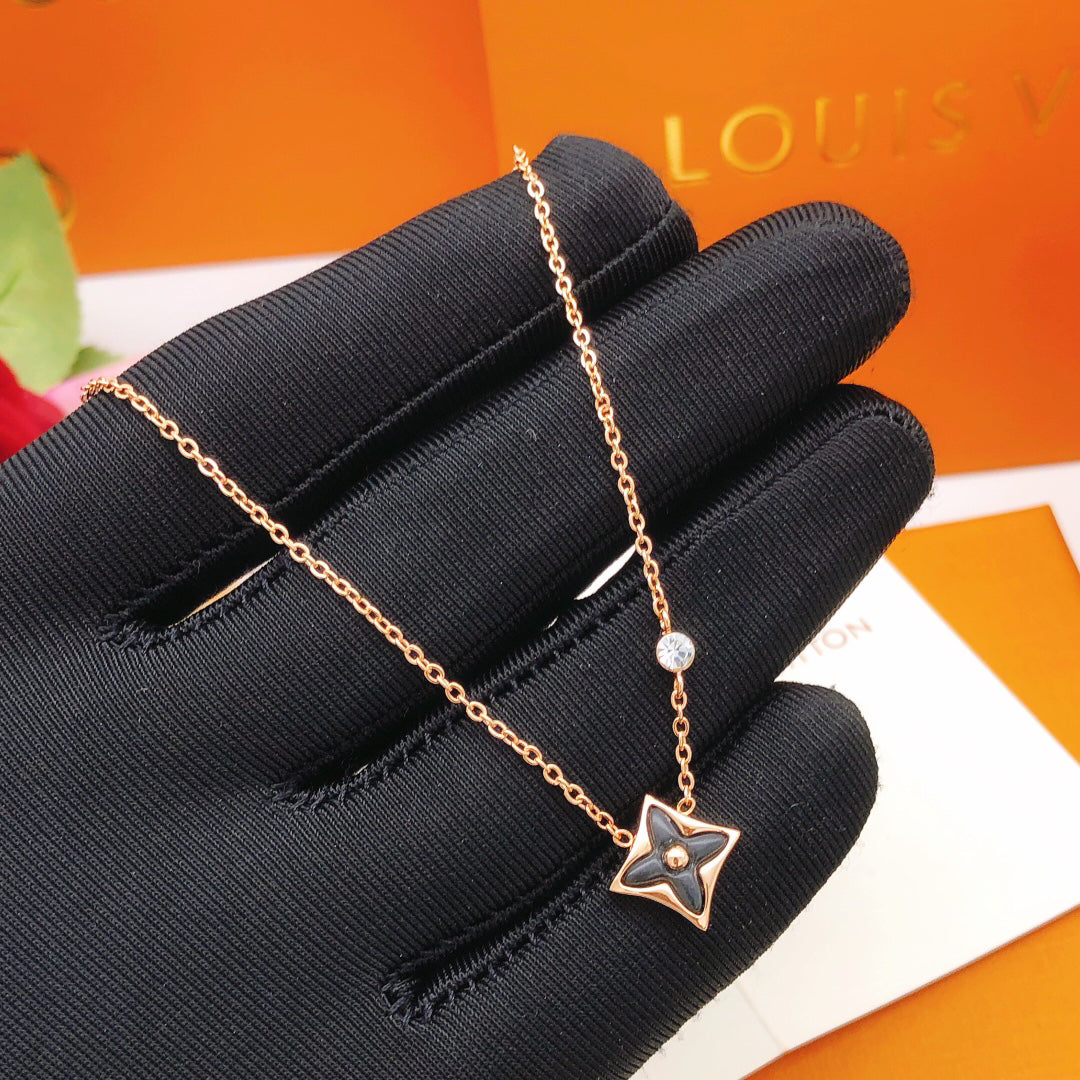 Star-Flower Pendant Necklace, Yellow Gold Tone, Onyx, Stone-Set