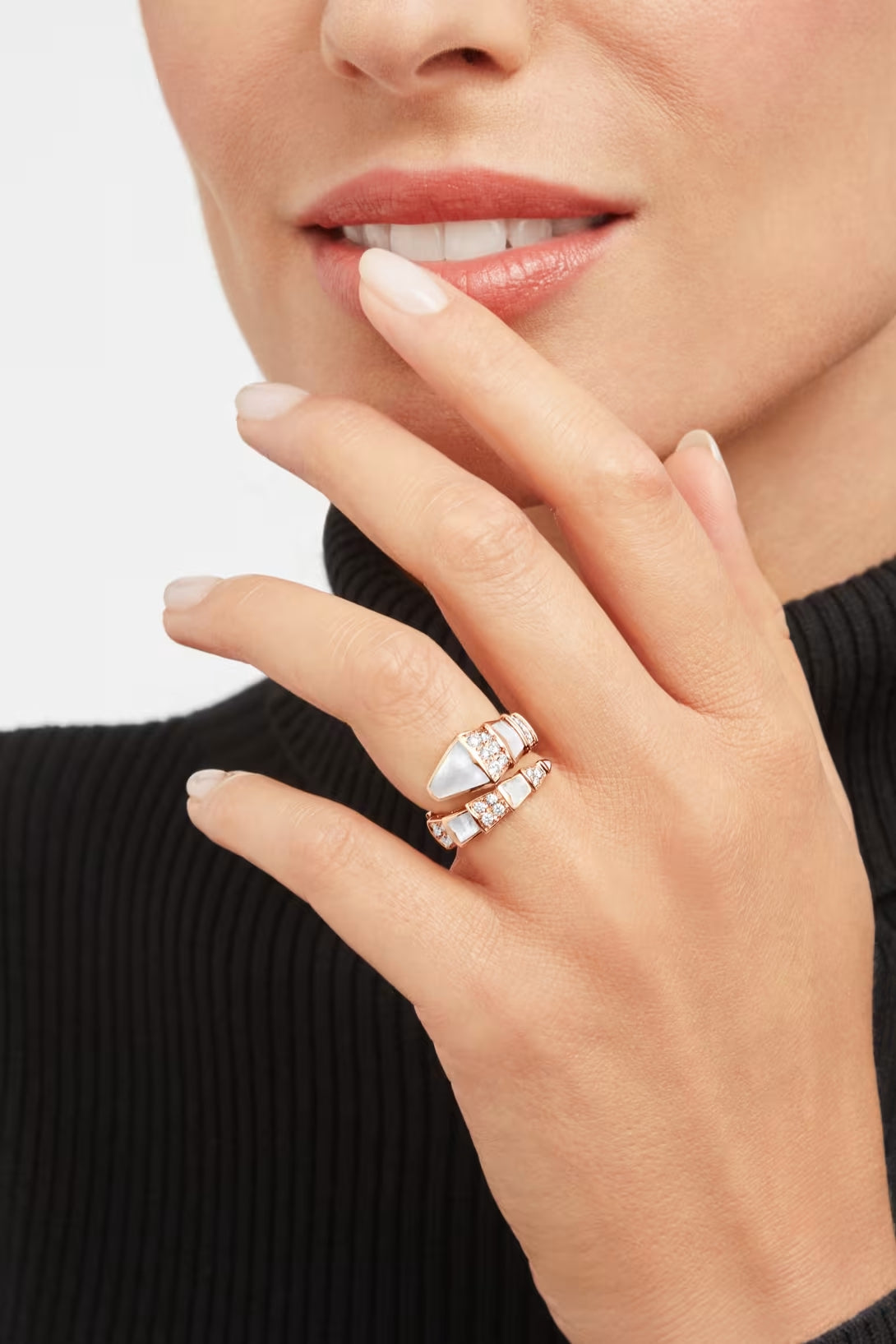 Snake-Scale Ring, Rose Gold Tone, Stone-Set, Mother-of-Pearl
