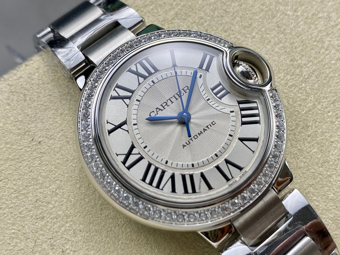 Round Domed Case Watch, White Gold Tone, Stone-Set, White, Small Model