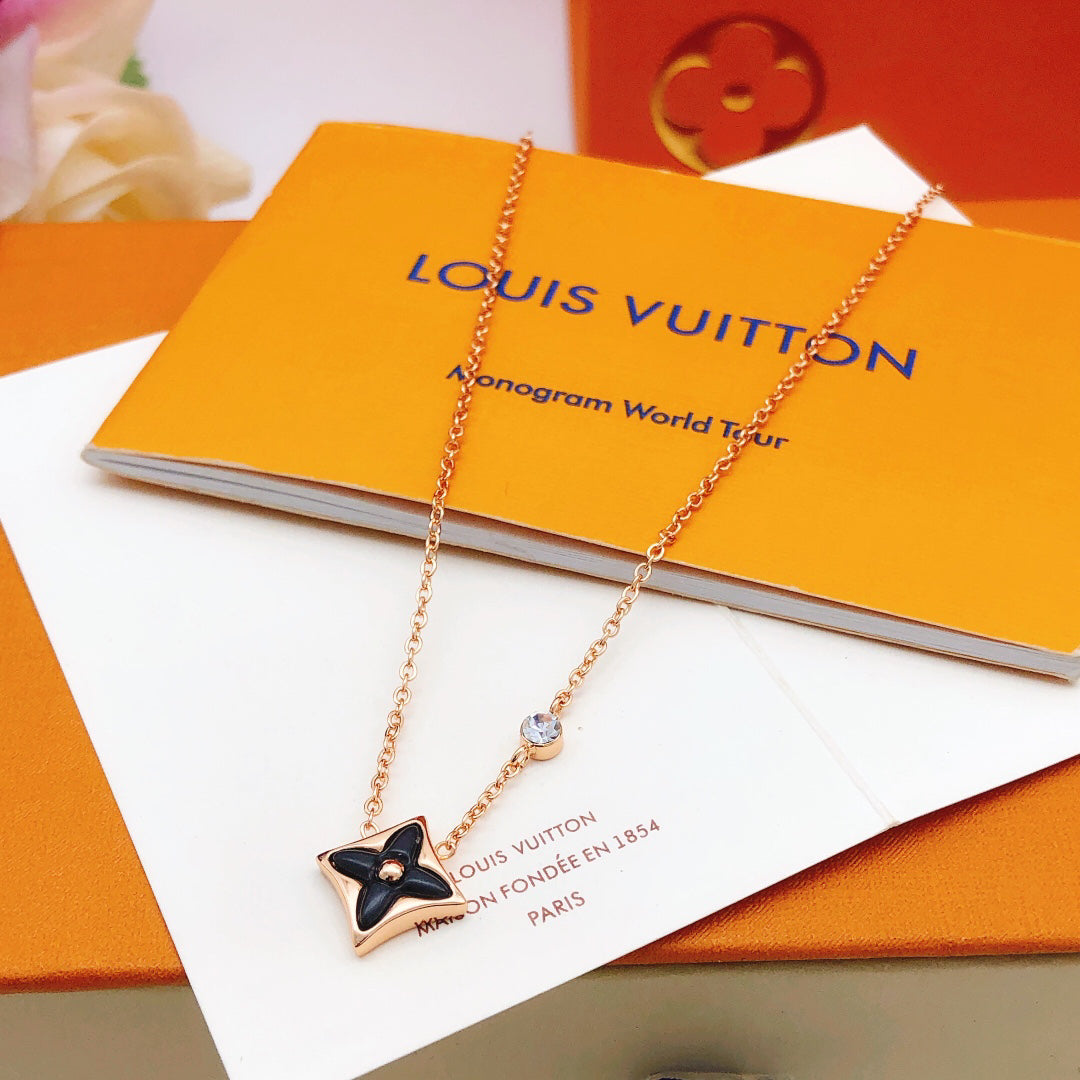 Star-Flower Pendant Necklace, Yellow Gold Tone, Onyx, Stone-Set