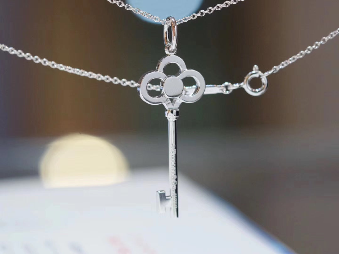 Key Pendant Necklace, White Gold Tone