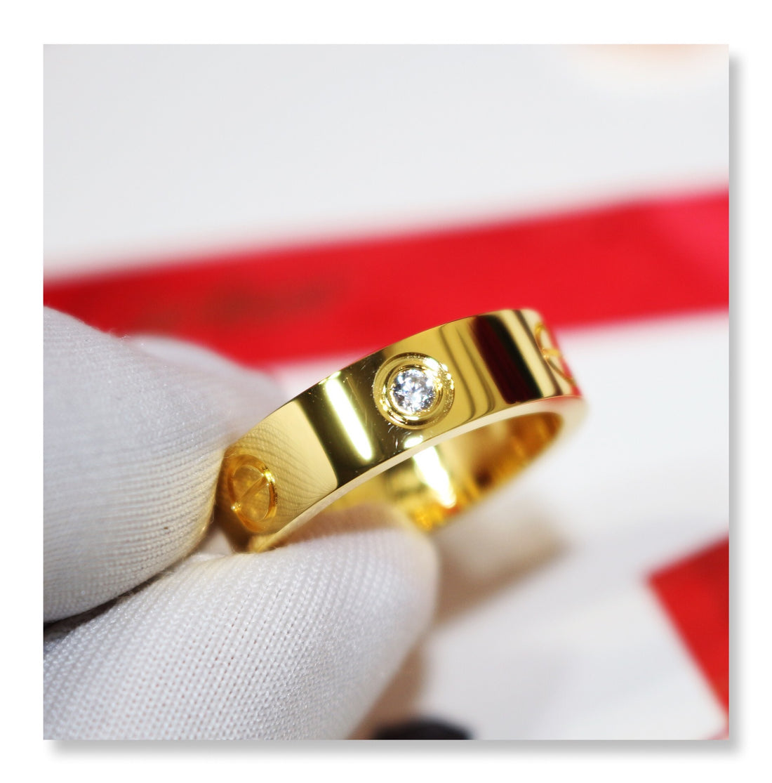 Screw-Motif Band Ring, Stone-Set, Yellow Gold Tone
