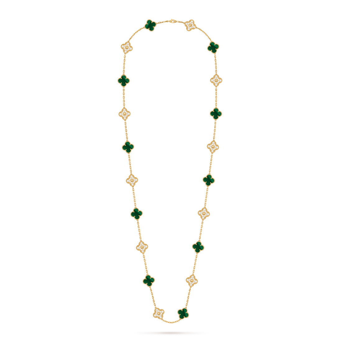 Quatrefoil Long Necklace, 20 Motifs, Rose Gold Tone, Malachite
