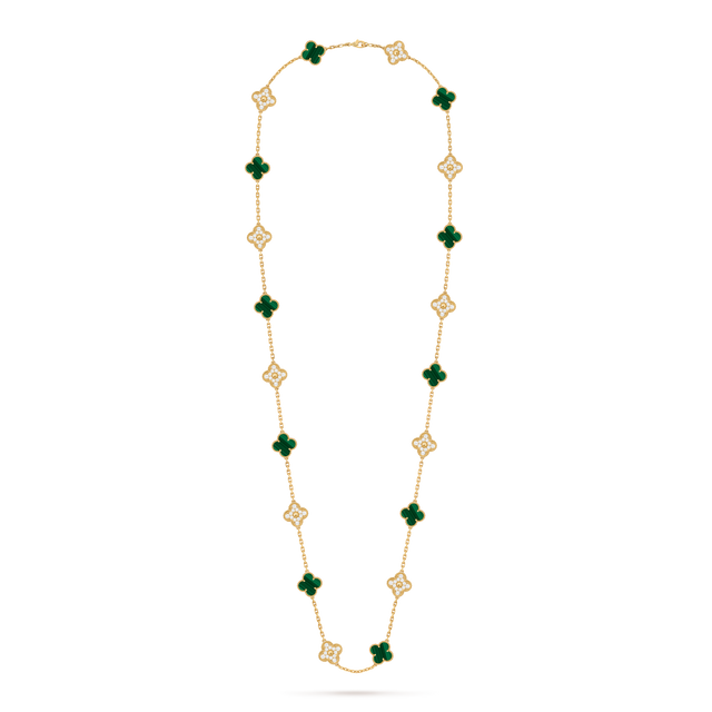 Quatrefoil Long Necklace, 20 Motifs, Rose Gold Tone, Malachite
