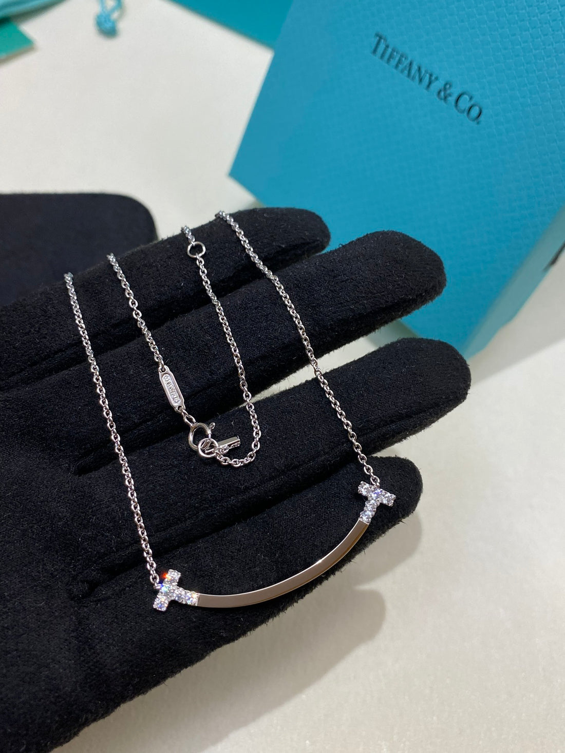 Smile Bar Pendant Necklace, White Gold Tone