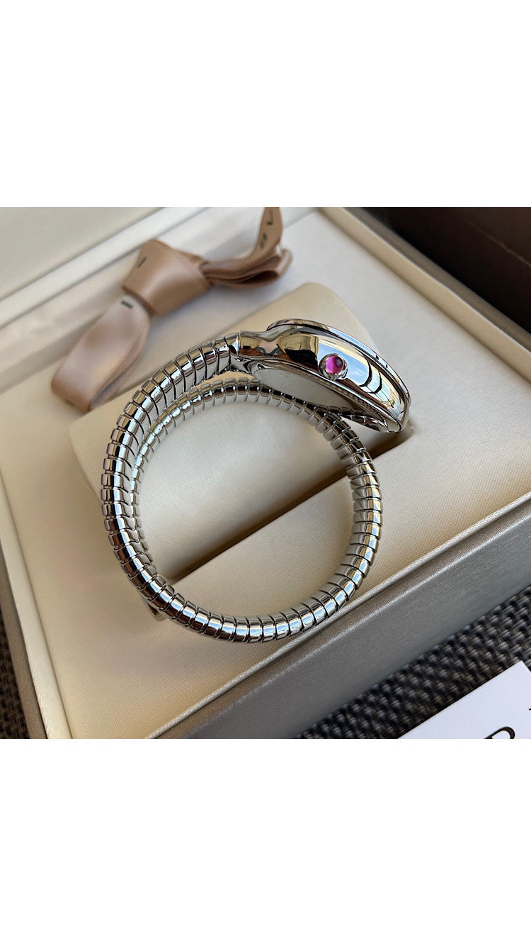 Coiled Band Watch, White Gold Tone, Stone-Set, White, 35 mm