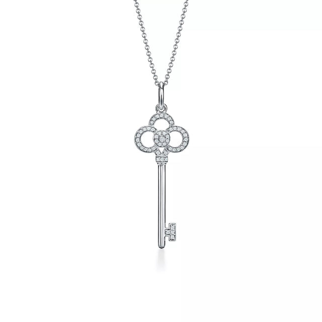 Key Pendant Necklace, White Gold Tone