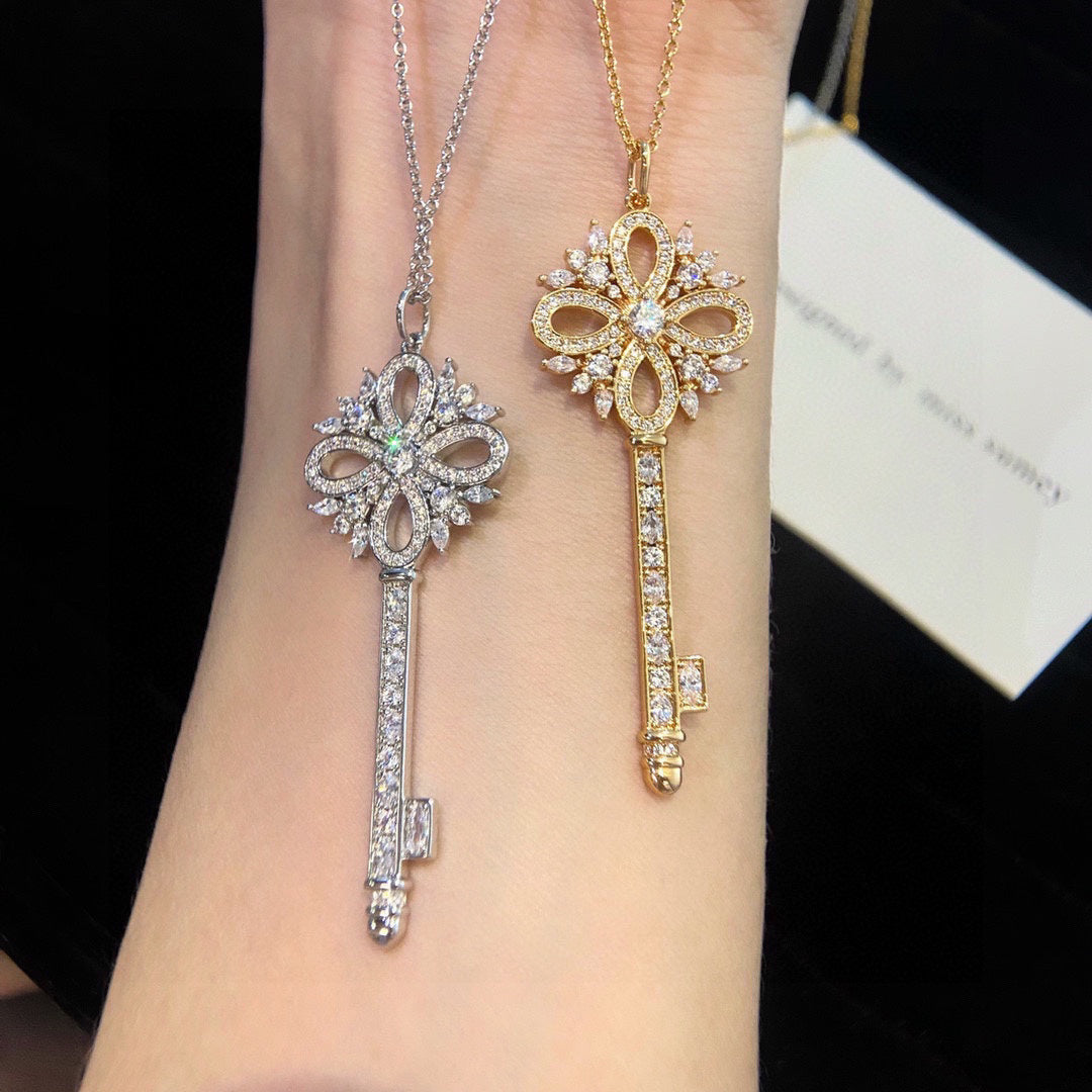 Key Pendant Necklace, White Gold Tone