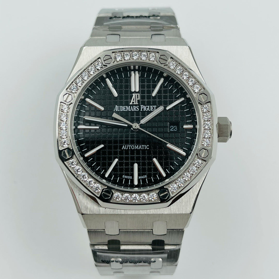 Octagonal Bezel Watch, White Gold Tone, Stone-Set, White, 41 mm