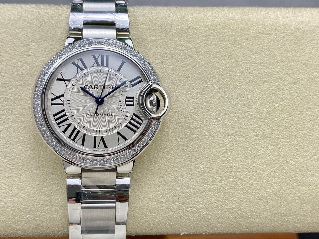 Round Domed Case Watch, White Gold Tone, Stone-Set, White, Small Model