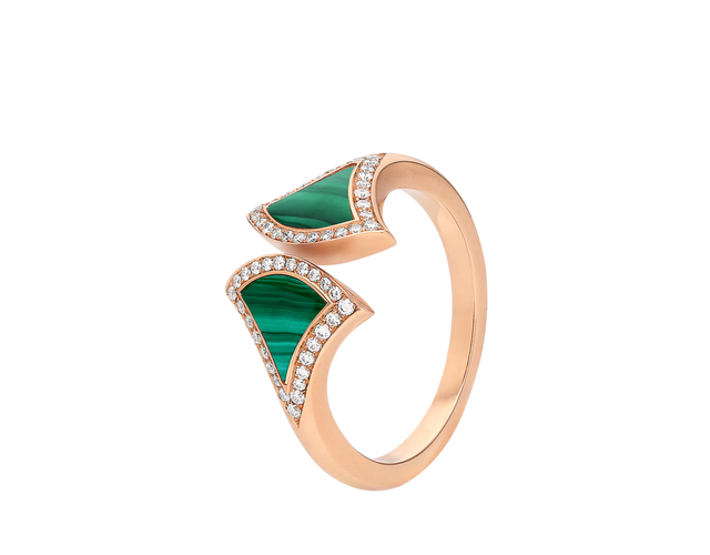 Fan-Motif Ring, Rose Gold Tone, Malachite