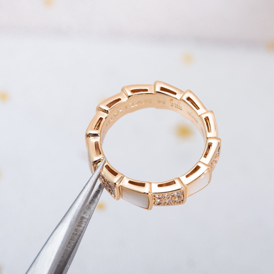 Snake-Scale Ring, Rose Gold Tone, Stone-Set, Mother-of-Pearl