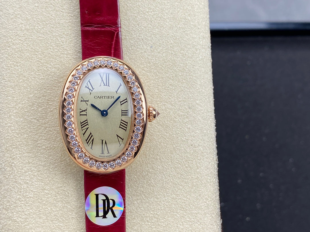 Oval Case Watch, 18K, Rose Gold Tone, Stone-Set, Small Model