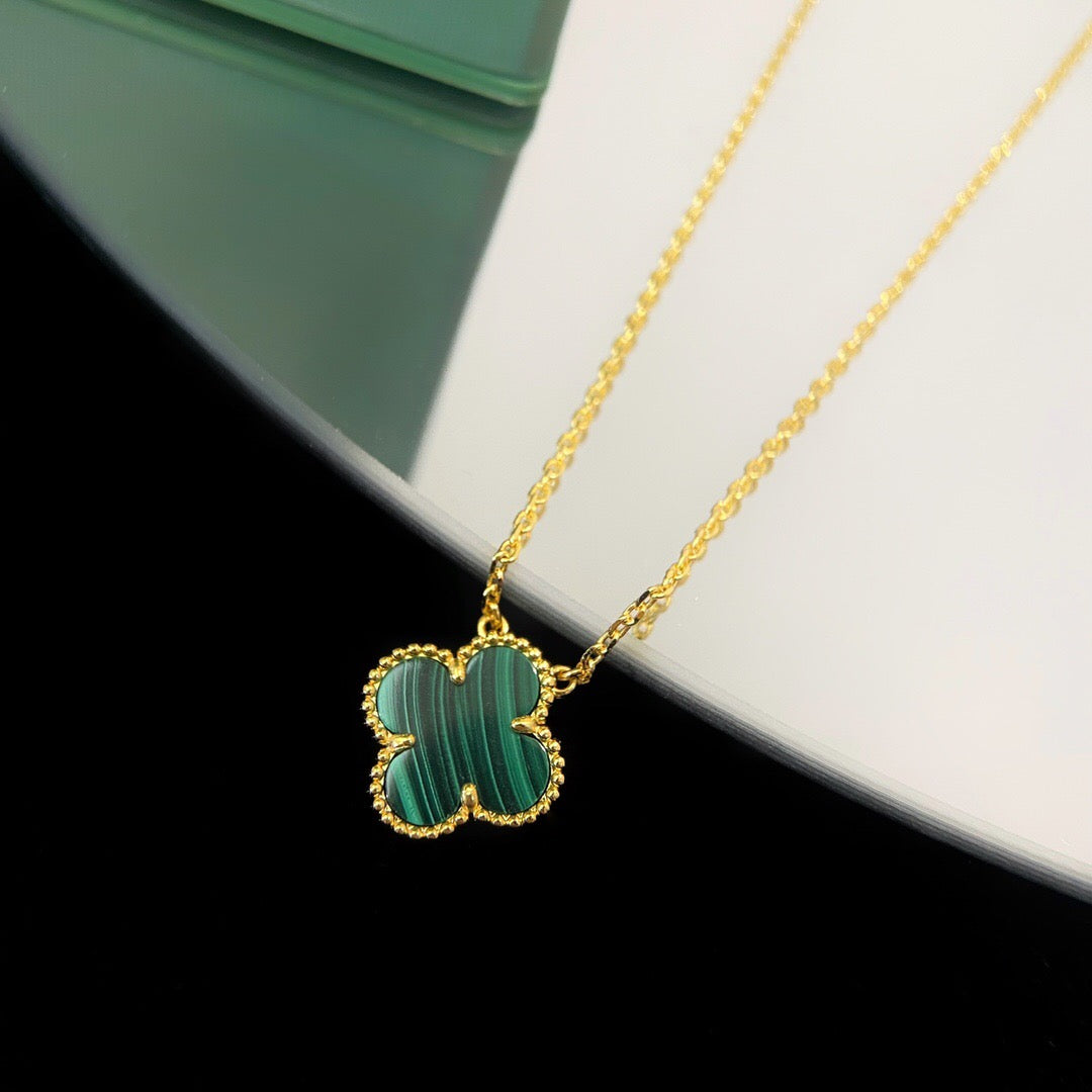 Quatrefoil Pendant Necklace, Yellow Gold Tone, Malachite