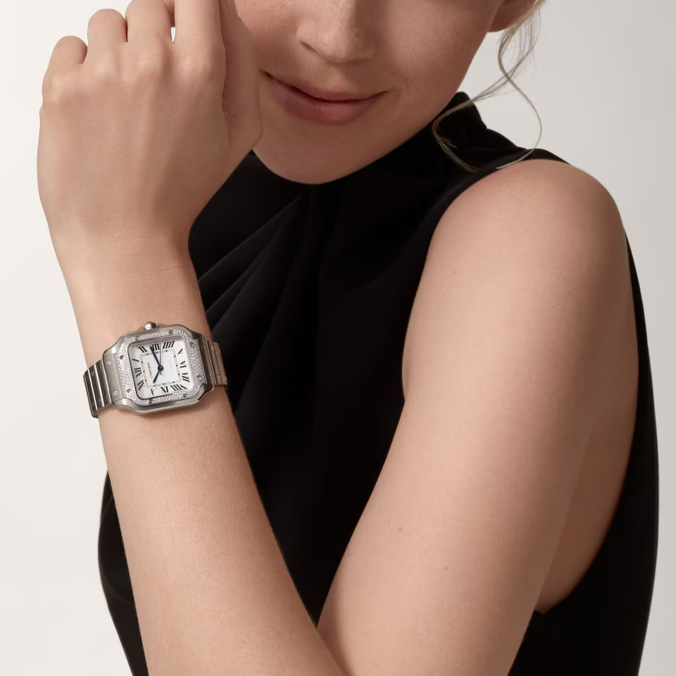 Square Case Watch, Steel, Stone-Set