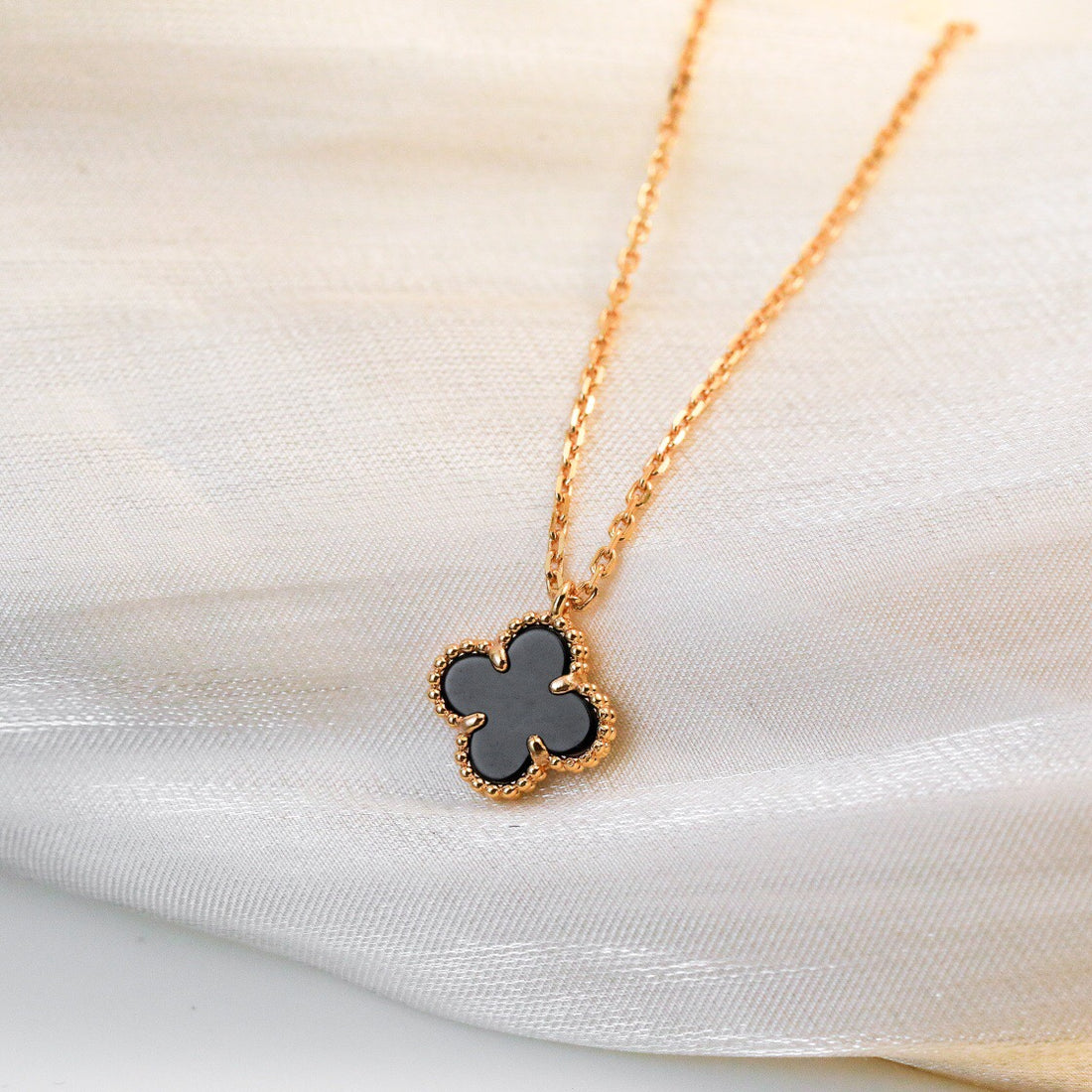 Quatrefoil Pendant Necklace, Yellow Gold Tone, Onyx