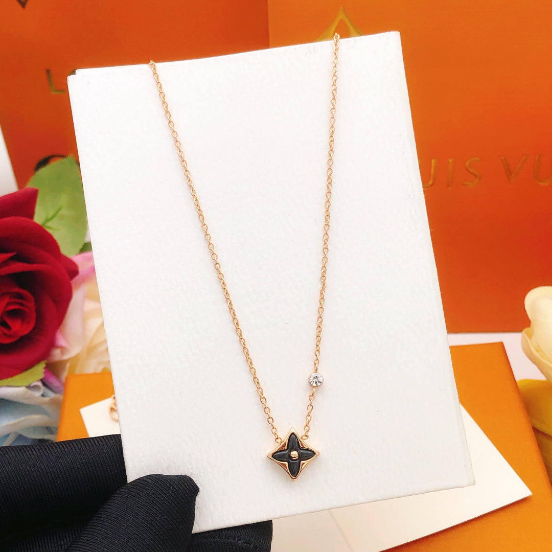 Star-Flower Pendant Necklace, Yellow Gold Tone, Onyx, Stone-Set