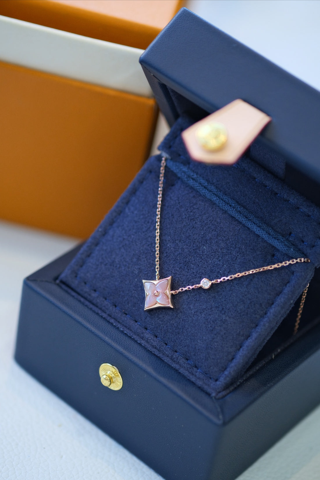 Star-Flower Pendant Necklace, Rose Gold Tone, Mother-of-Pearl, Stone-Set