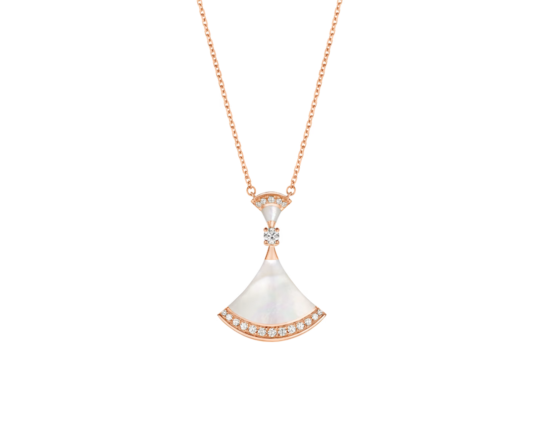 Fan-Motif Necklace, Rose Gold Tone, Stone-Set, Mother-of-Pearl