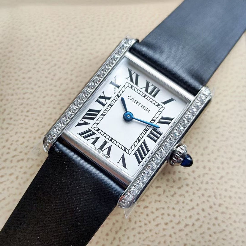 Rectangular Case Watch, White Gold Tone, Stone-Set, White, Small Model