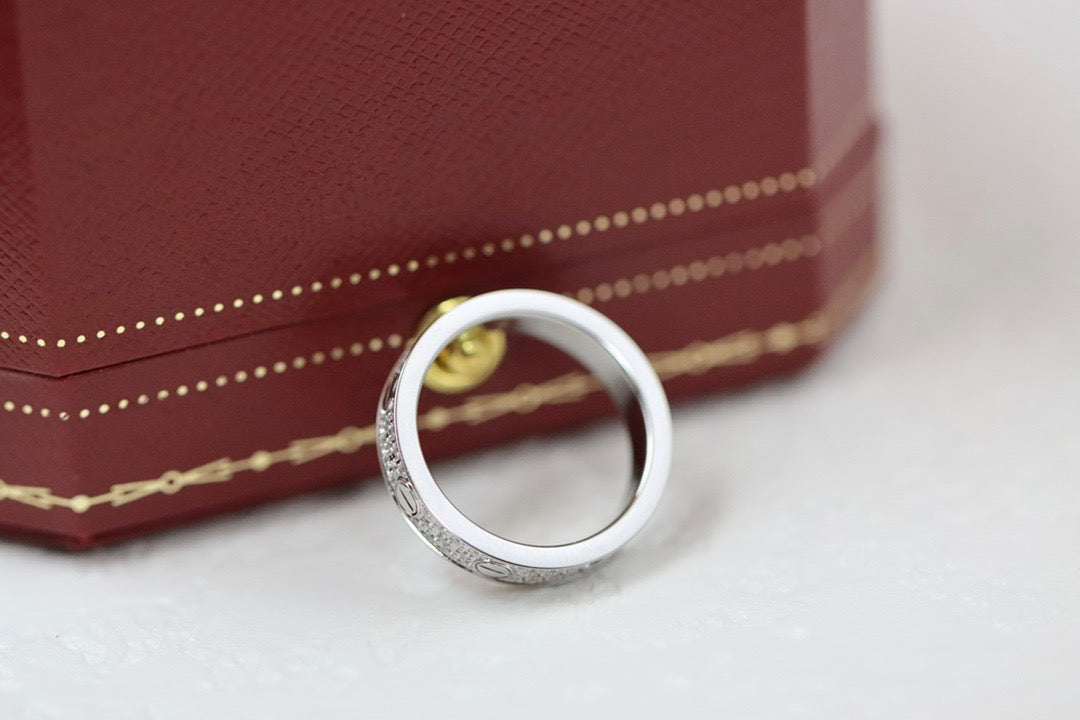 Screw-Motif Band Ring, Stone-Set, White Gold Tone