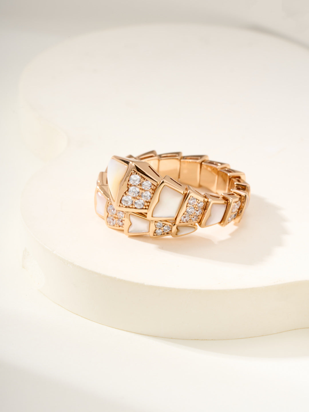 Snake-Scale Ring, Rose Gold Tone, Stone-Set, Mother-of-Pearl