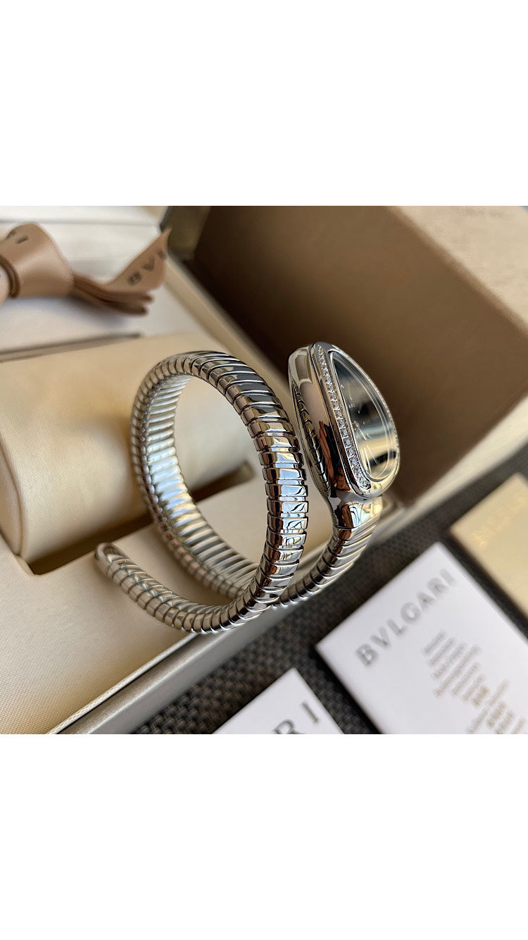 Coiled Band Watch, White Gold Tone, Stone-Set, White, 35 mm