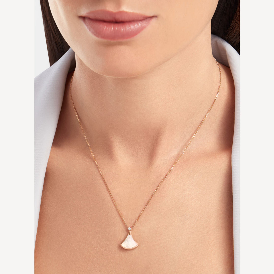 Fan-Motif Necklace, Rose Gold Tone, Stone-Set, Mother-of-Pearl