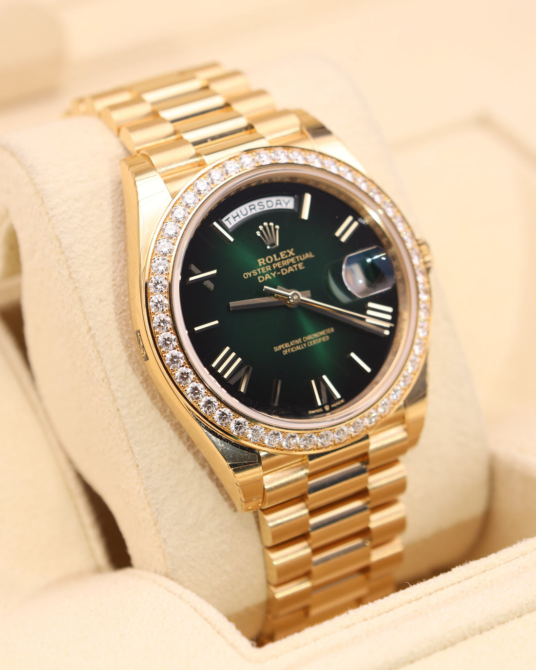 Day and Date Watch, Yellow Gold Tone, Stone-Set, 41 mm