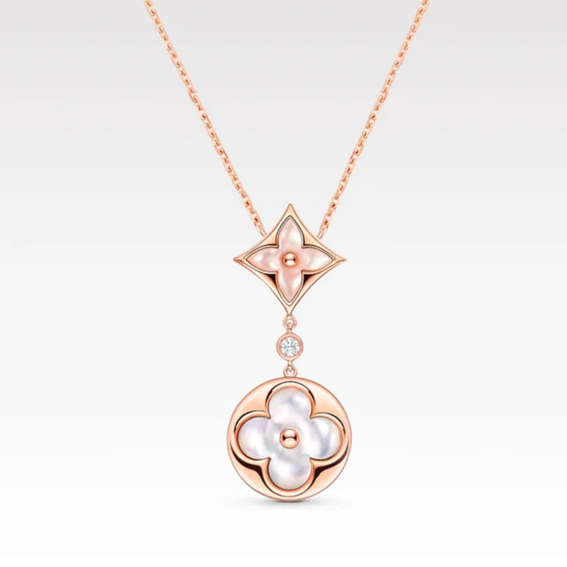 Flower Motif Necklace, Rose Gold Tone, Mother-of-Pearl, Stone-Set