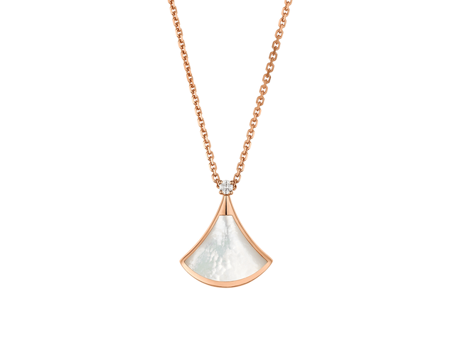 Fan-Motif Necklace, Rose Gold Tone, Stone-Set, Mother-of-Pearl