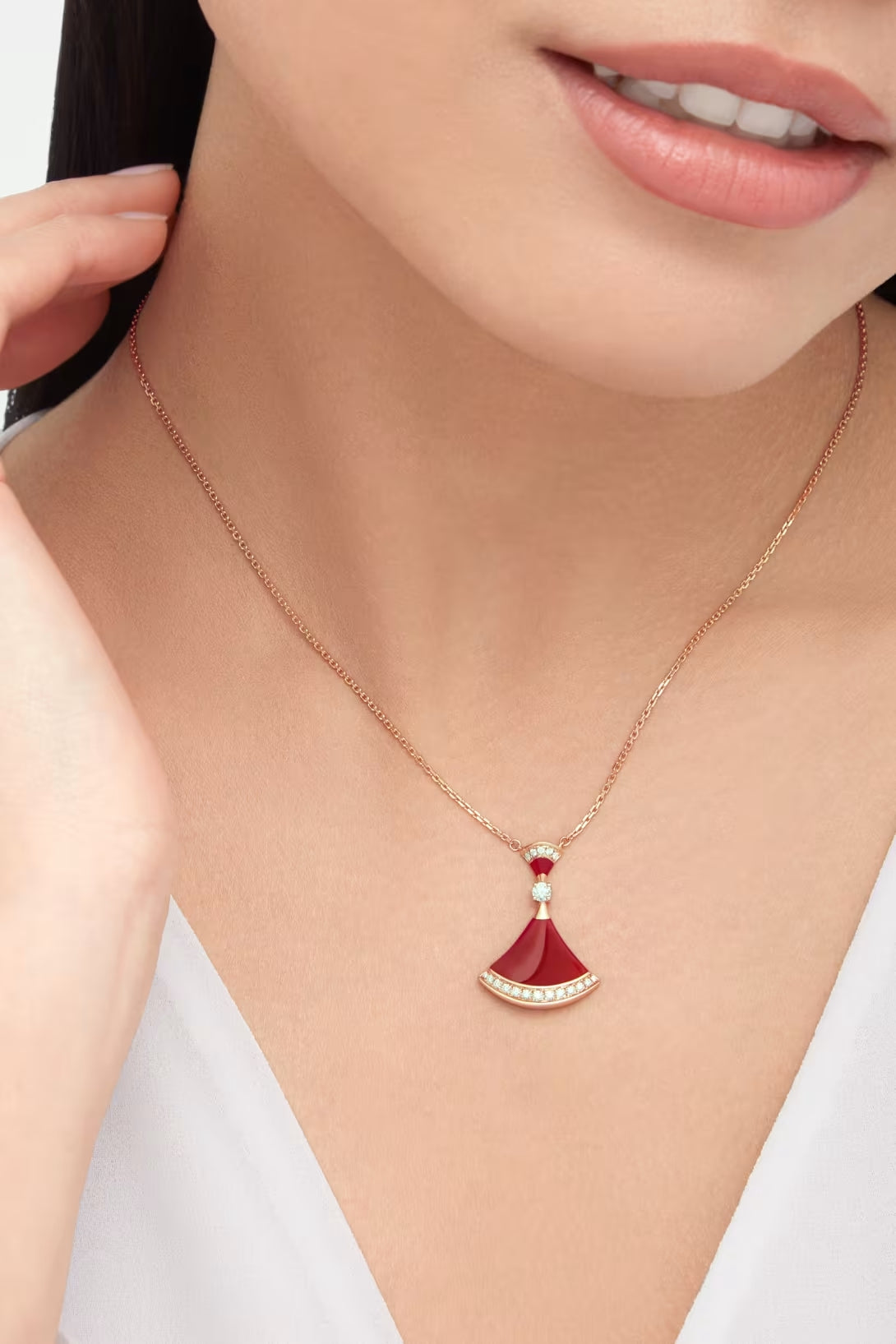 Fan-Motif Necklace, Rose Gold Tone, Stone-Set, Carnelian