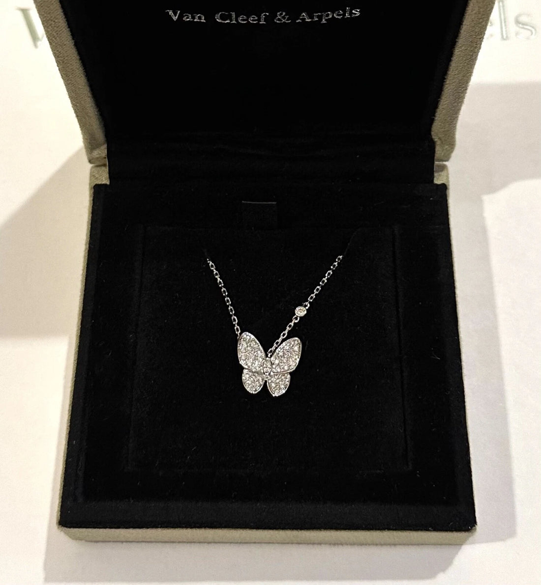 Double Butterfly Pendant Necklace, White Gold Tone, White