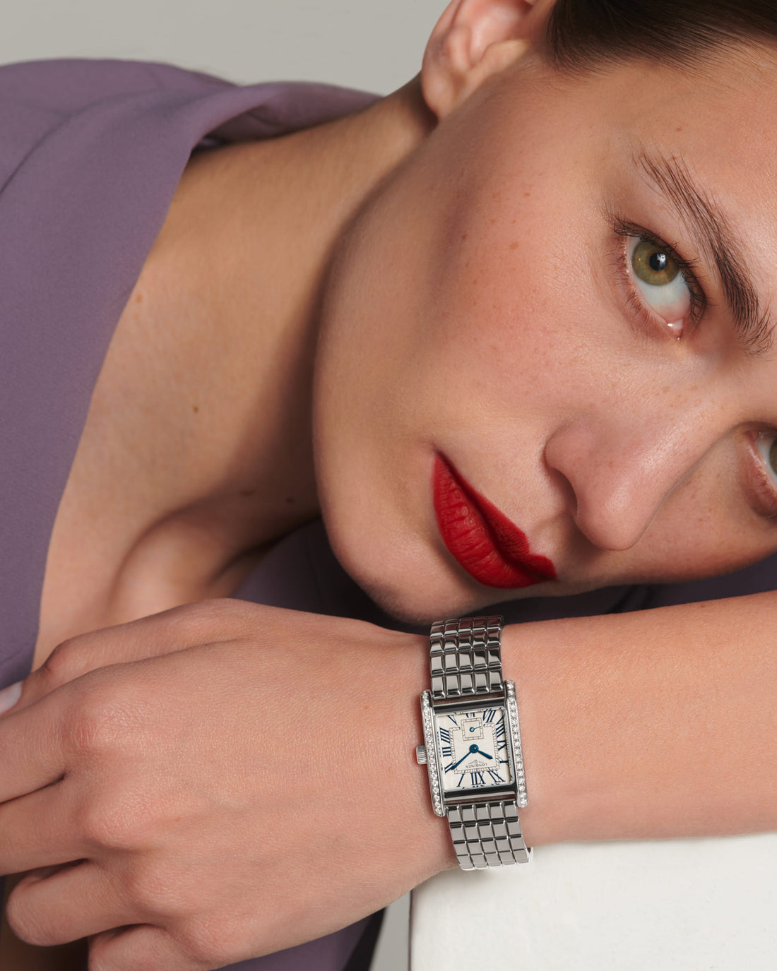 Rectangular Case Watch, Steel, Stone-Set