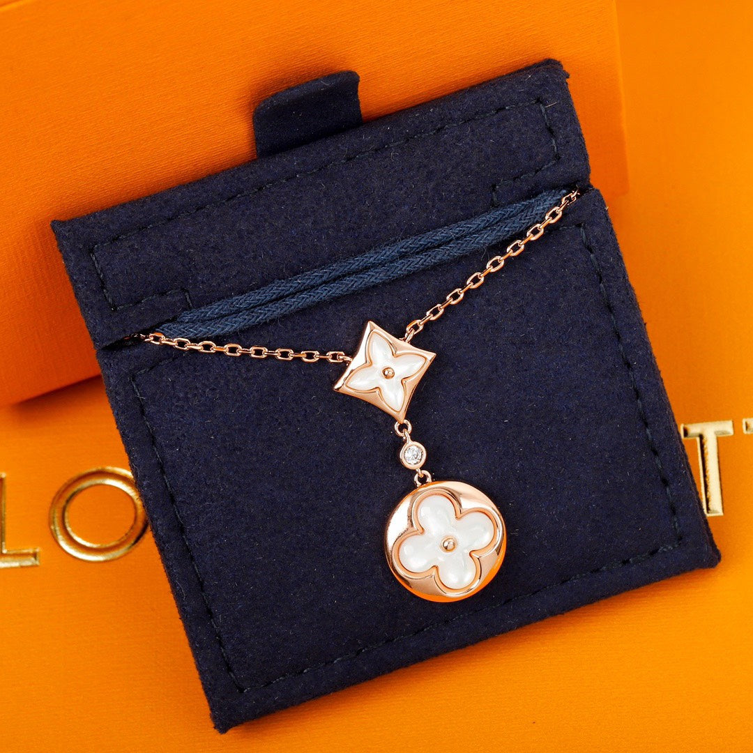 Flower Motif Necklace, Rose Gold Tone, Mother-of-Pearl, Stone-Set
