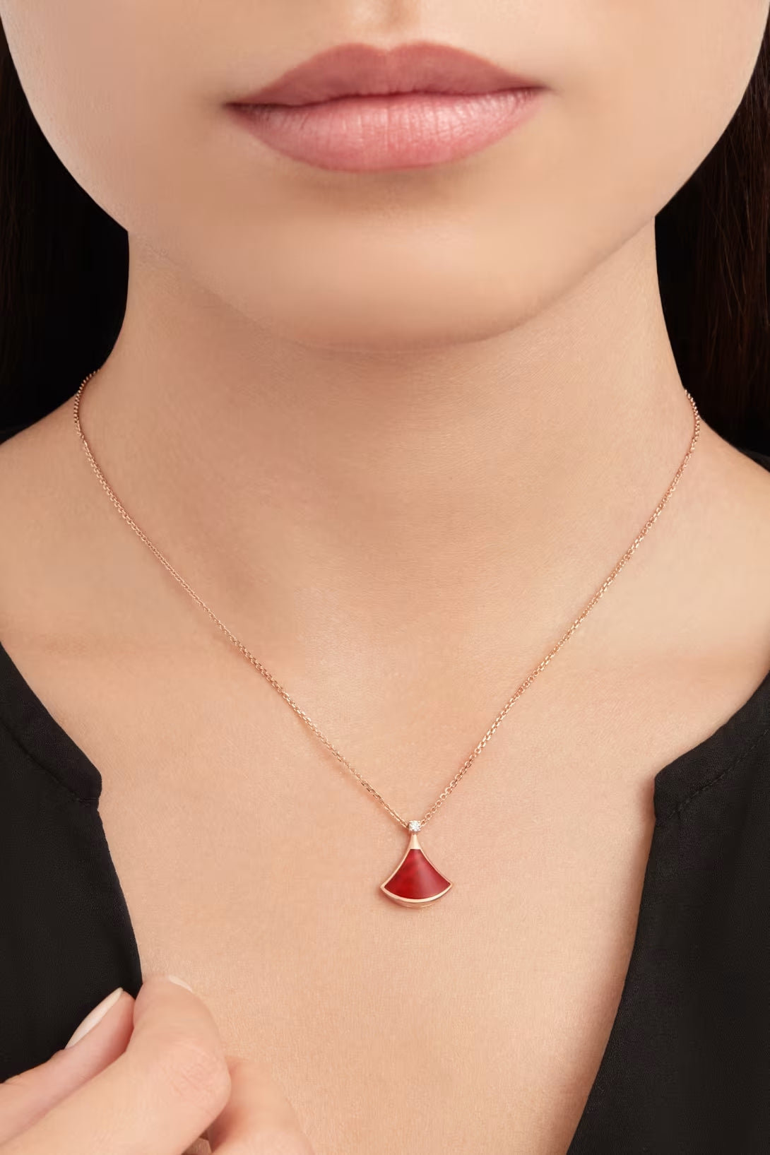 Fan-Motif Necklace, Rose Gold Tone, Stone-Set, Carnelian, Size S