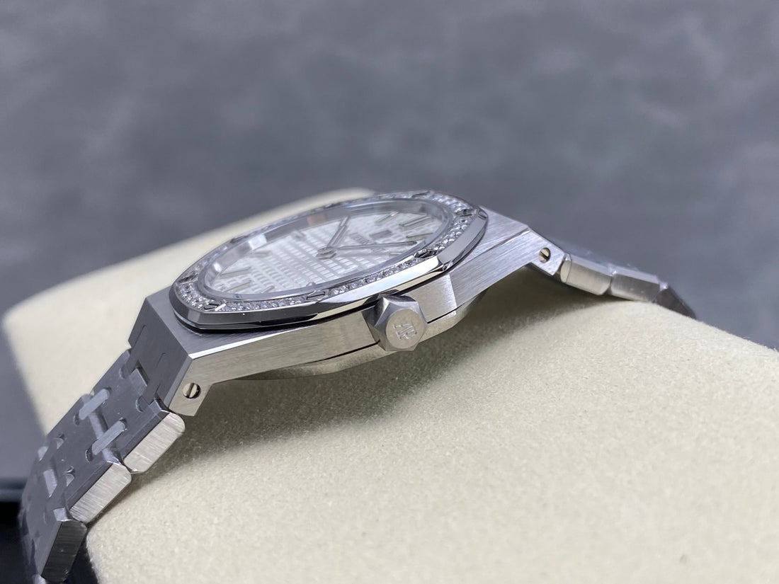 Octagonal Bezel Watch, White Gold Tone, Stone-Set, White, 33 mm