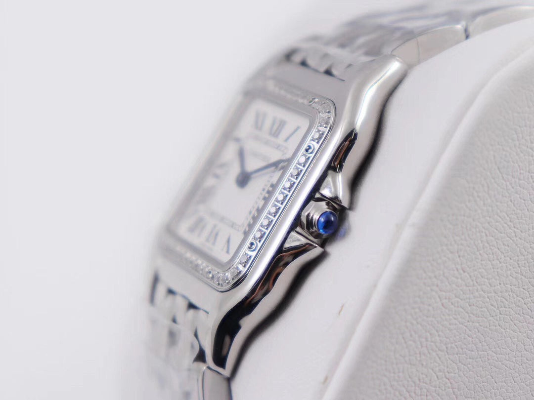Square Link-Bracelet Watch, White Gold Tone, Stone-Set, White, Medium Model