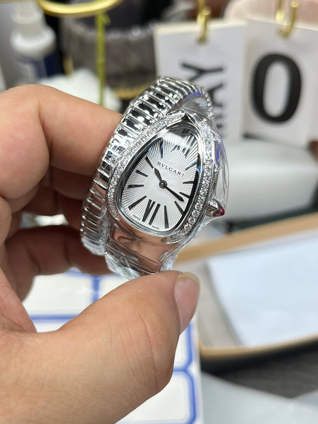 Coiled Band Watch, White Gold Tone, Stone-Set, White, 35 mm