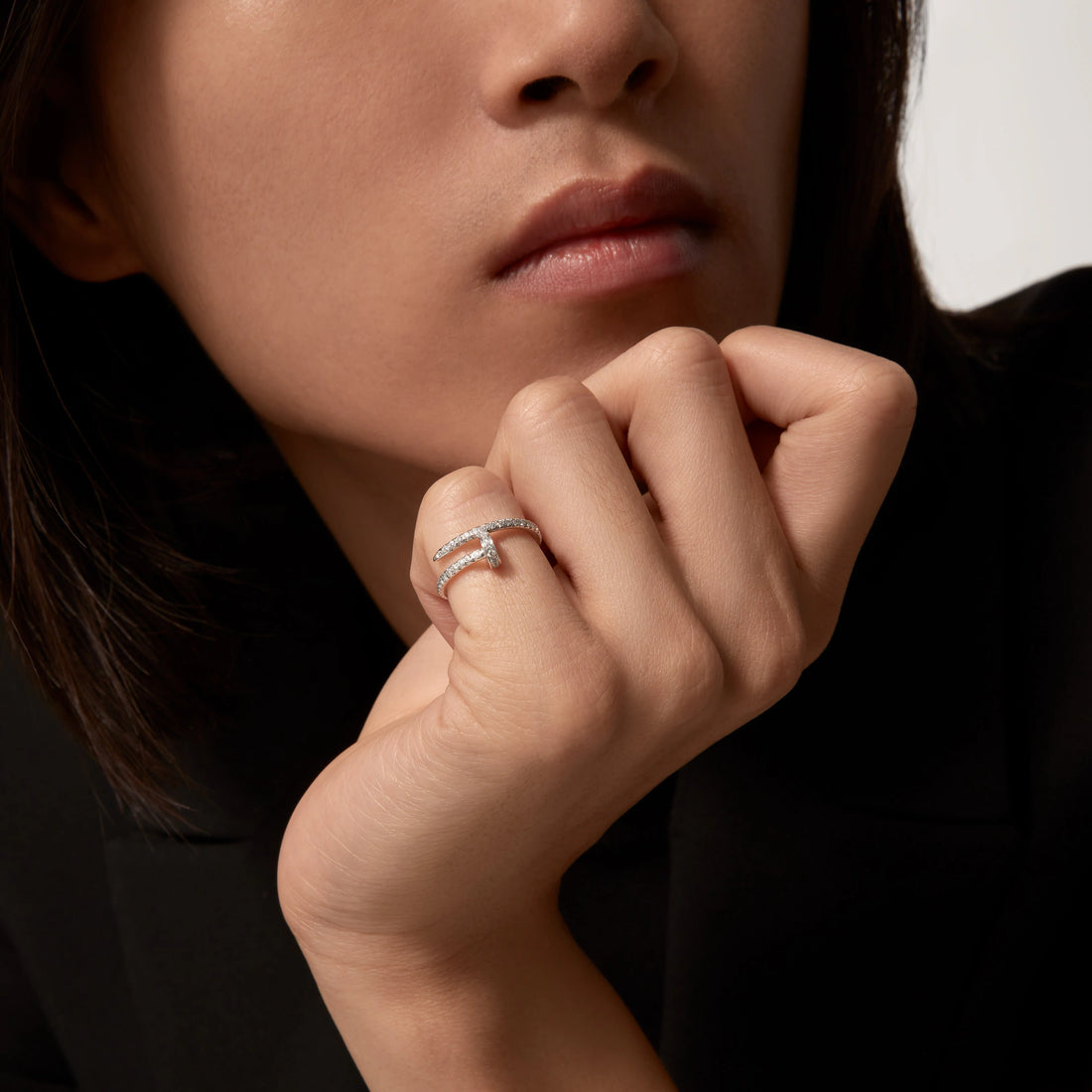 Wrapped Nail Ring, Stone-Set, White Gold Tone