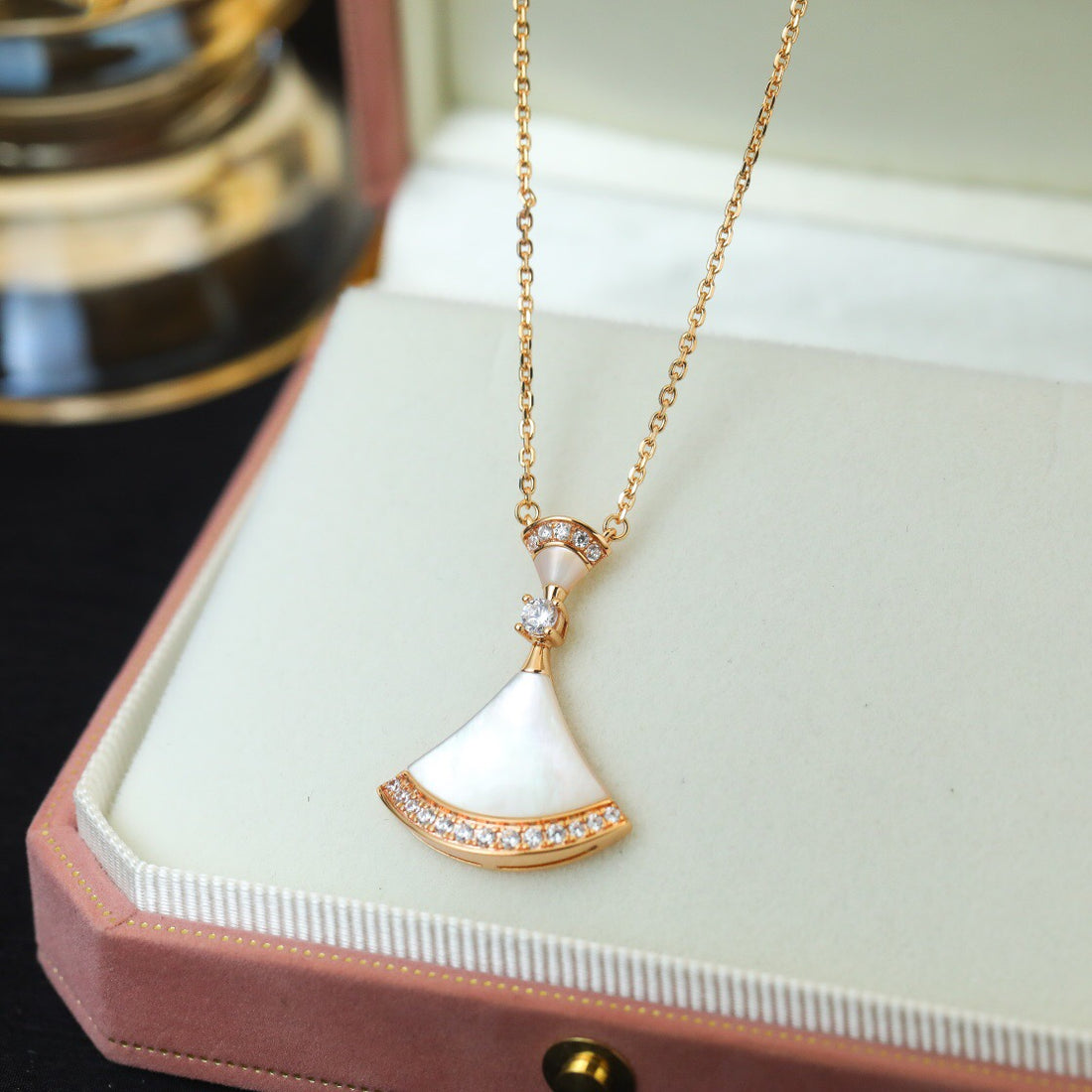 Fan-Motif Necklace, Rose Gold Tone, Stone-Set, Malachite