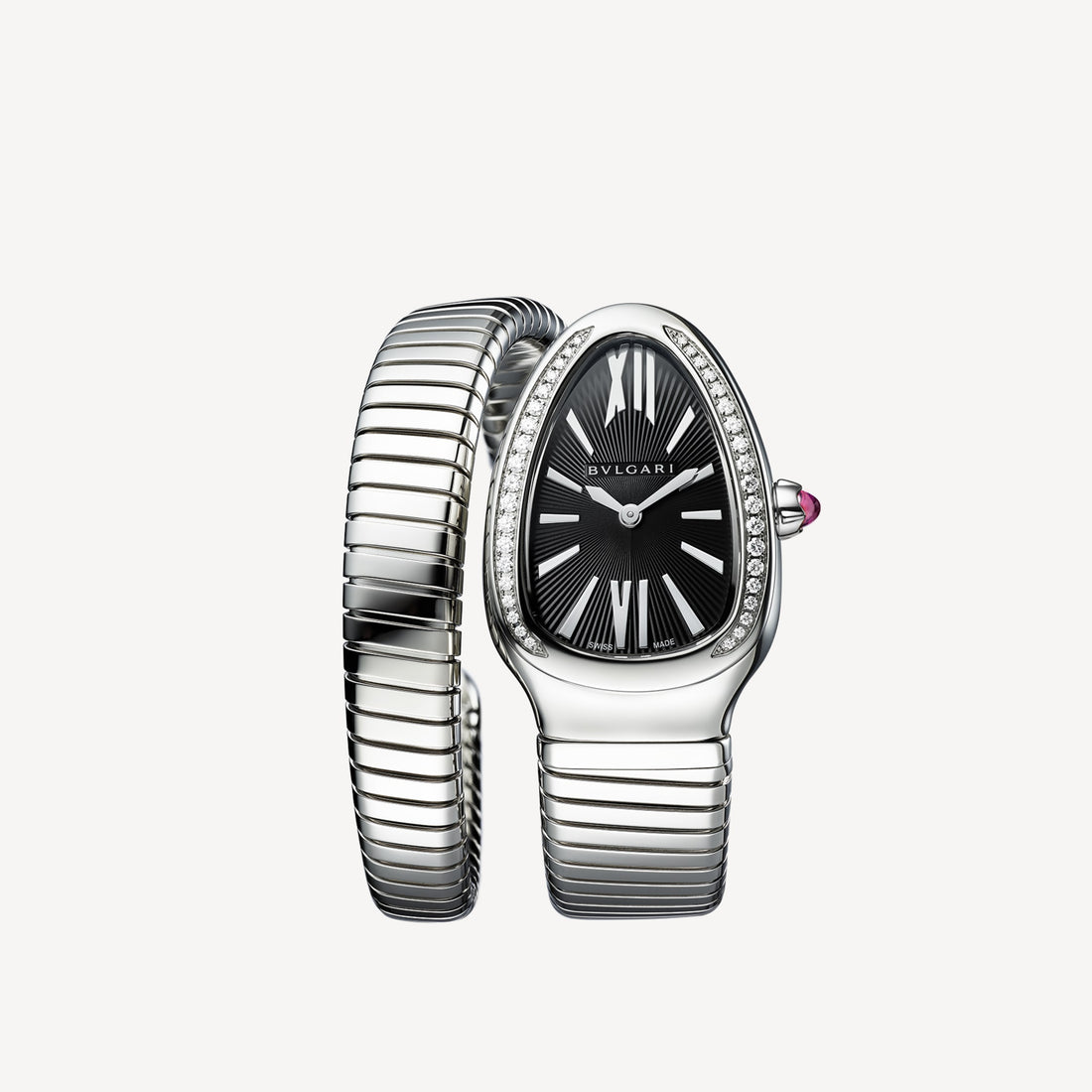 Coiled Band Watch, White Gold Tone, Stone-Set, White, 35 mm