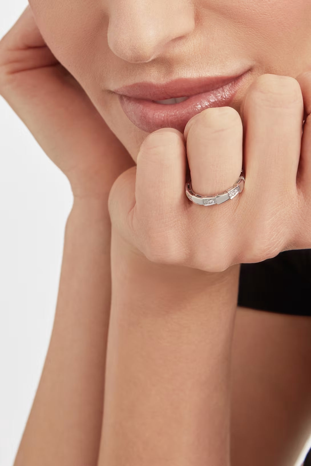 Snake-Scale Ring, White Gold Tone, Stone-Set