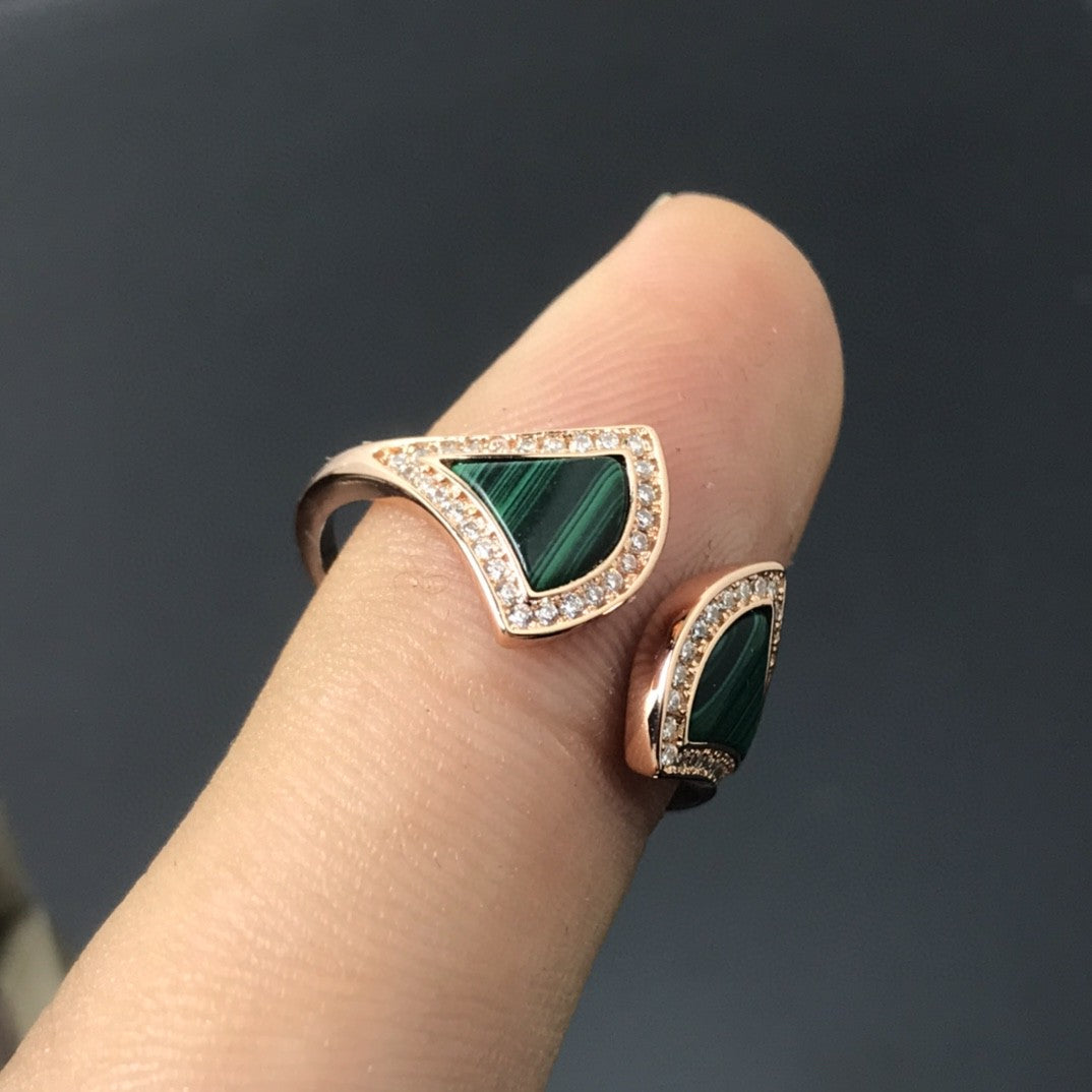 Fan-Motif Ring, Rose Gold Tone, Malachite