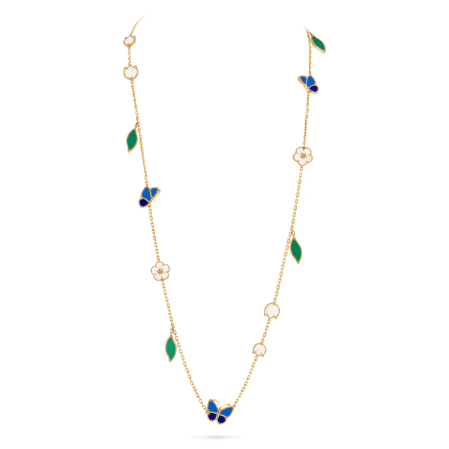 Butterfly Motif Necklace, 15 Motifs, Yellow Gold Tone, Agate